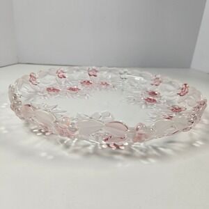 Venezia Collection Platter Fine Crystal 12.5in Pink Clear Floral Embossed Glass